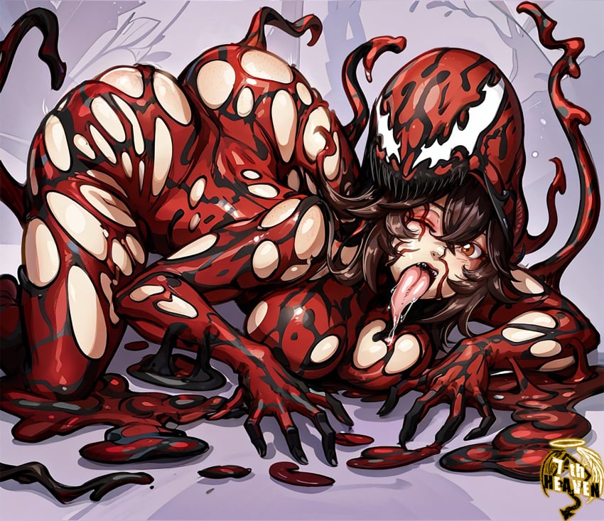 1girls 7th-heaven amber_(genshin_impact) brown_hair carnage_(marvel) corruption crossover genshin_impact large_breasts long_tongue marvel marvel_comics saliva saliva_trail spider-man_(series) symbiote tentacle tongue tongue_out