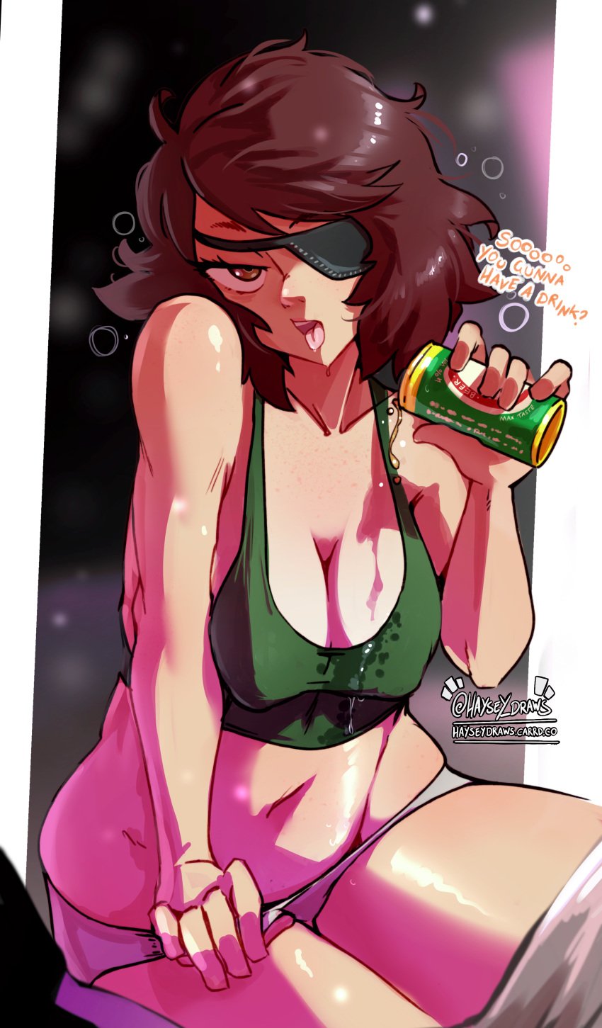 1girls beer big_breasts breasts brown_hair chainsaw_man cleavage cosplay exposed_stomach eyepatch female female_only freckles freckles_on_chest freckles_on_shoulders haysey_draws himeno_(chainsaw_man)_(cosplay) medium_hair megami_tensei persona persona_5 pulling_down_panties pulling_panties sadayo_kawakami spilling spilling_drink undressing wet_shirt