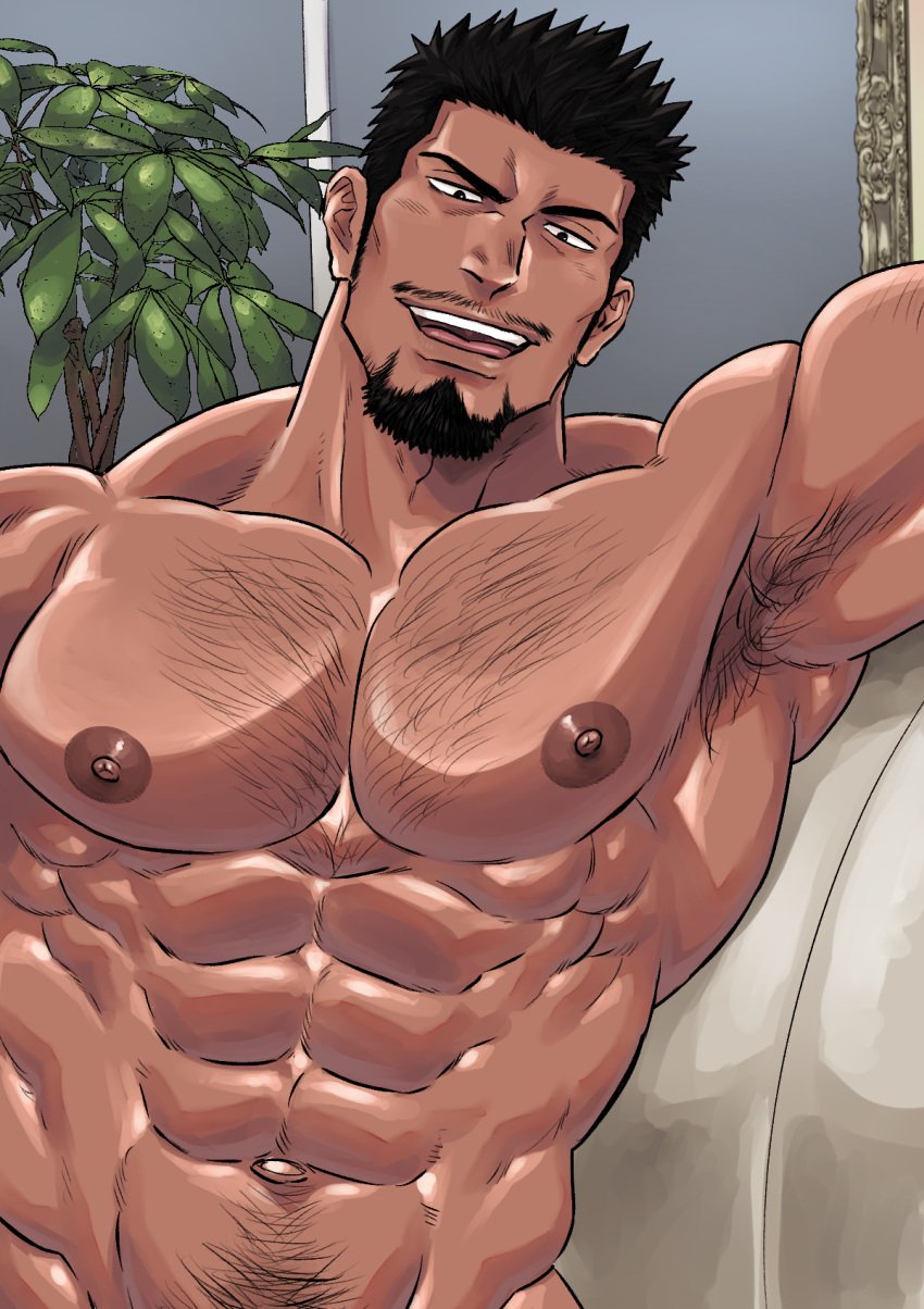 1boy abs armpit_hair armpits arms_up bara beard beefy biceps black_eyes black_hair chest_hair chunchunmen collarbone daddy dark_skin dilf frown gay goatee happy_trail hi_res hunk indoors looking_at_viewer male male_breasts male_only masculine_male mature_male muscles muscular muscular_arms muscular_male mustache_stubble narrowed_eyes navel oppai original original_character pecs plant pubic_hair short_hair sitting sitting_on_sofa six_pack solo spiky_hair thick_neck tough_guy triceps yaoi