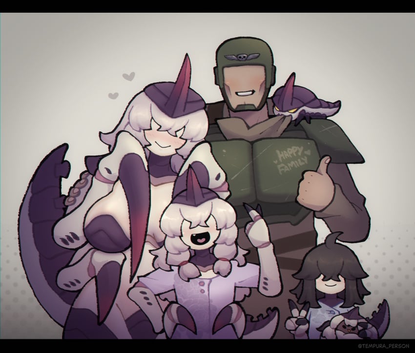 alien alien_girl alien_humanoid amber_eyes ambiguous_gender astra_militarum blush blush carapace carapace_armour claws cute daughter deity family family_photo fangs glowing glowing_eyes gold_eyes heart_symbol hivemind horn human imperial_guard large_female long_hair milf monster_girl mother multi_arm multi_limb natural_armor sharp_teeth size_difference soldier son tempura_person tyranid warhammer_(franchise) warhammer_40k white_hair wholesome yellow_eyes