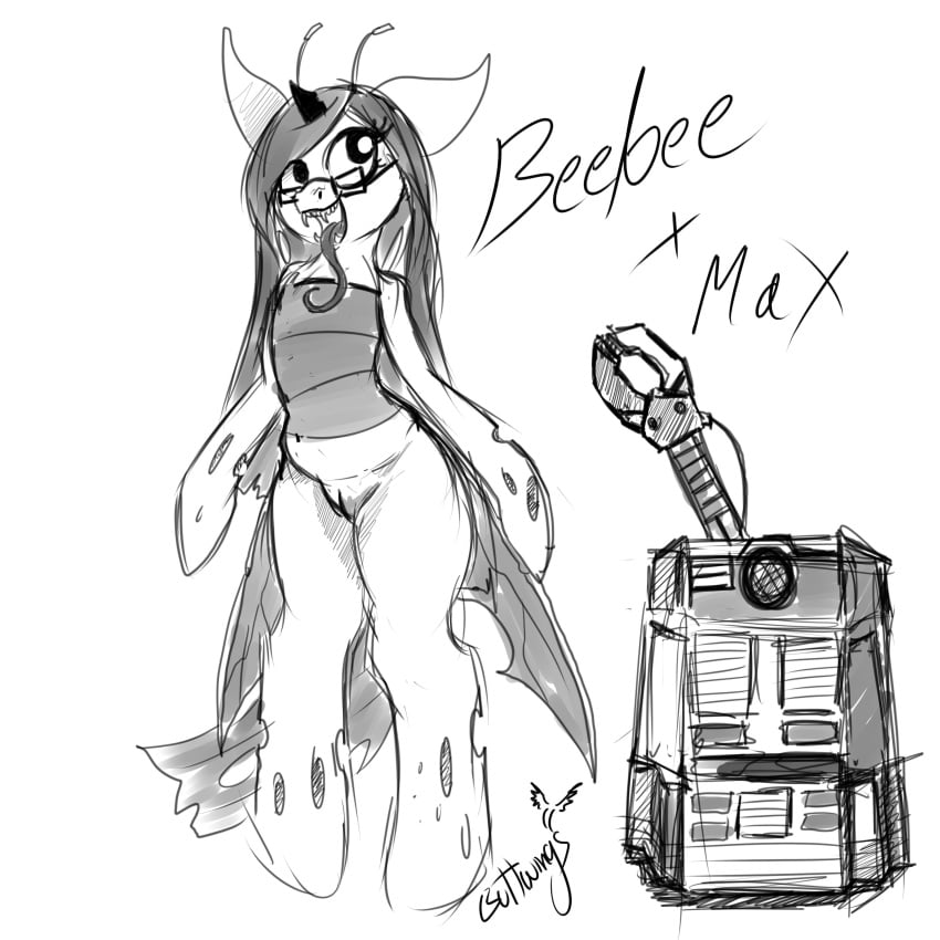 beebee changeling cute eyewear fan_character fangs female feral flat_chested glasses glorious_buttwings greyscale hi_res long_tongue machine max_the_robot monochrome my_little_pony pussy robot simple_background sketch tongue white_background