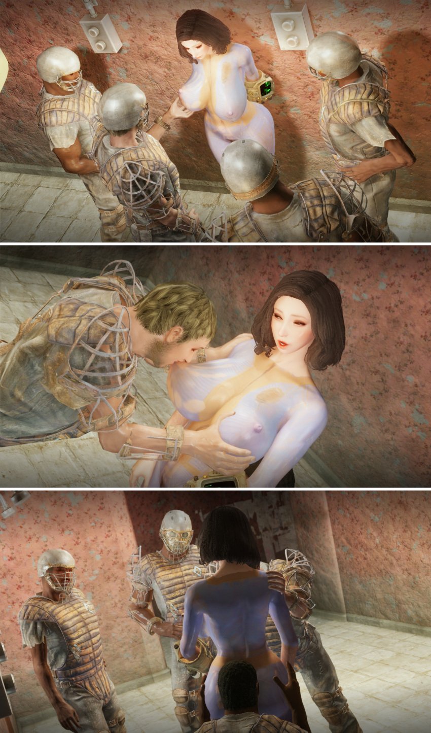 3d bad_end bethesda_softworks bodypaint embarrassed embarrassed_expression embarrassed_naked_female embarrassed_nude_female emotrashcan exhibitionism exhibitionist fallout game_screenshot grope grope_from_behind groped_from_behind groping_breasts guard humiliation imminent_grope naked_in_public painted_clothes prison_bars prisoner shower_room spanked sucking_nipples vault_dweller