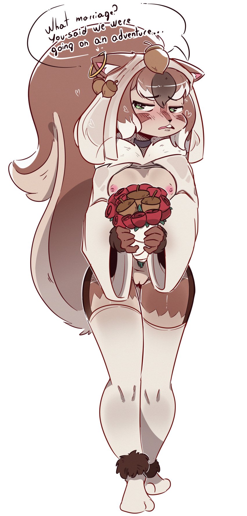 absurd_res acorn anthro birshy blushing_profusely bouquet breasts bridal_lingerie clothing embarrassed exposed_breasts female flower flower_bouquet food fruit genitals heart_eyes heart_symbol hi_res lingerie mammal nut_(fruit) plant pussy rodent sciurid solo squirrel_tail tree_squirrel twiss_(stunnyseed/twiss) wedding wedding_clothing wedding_veil