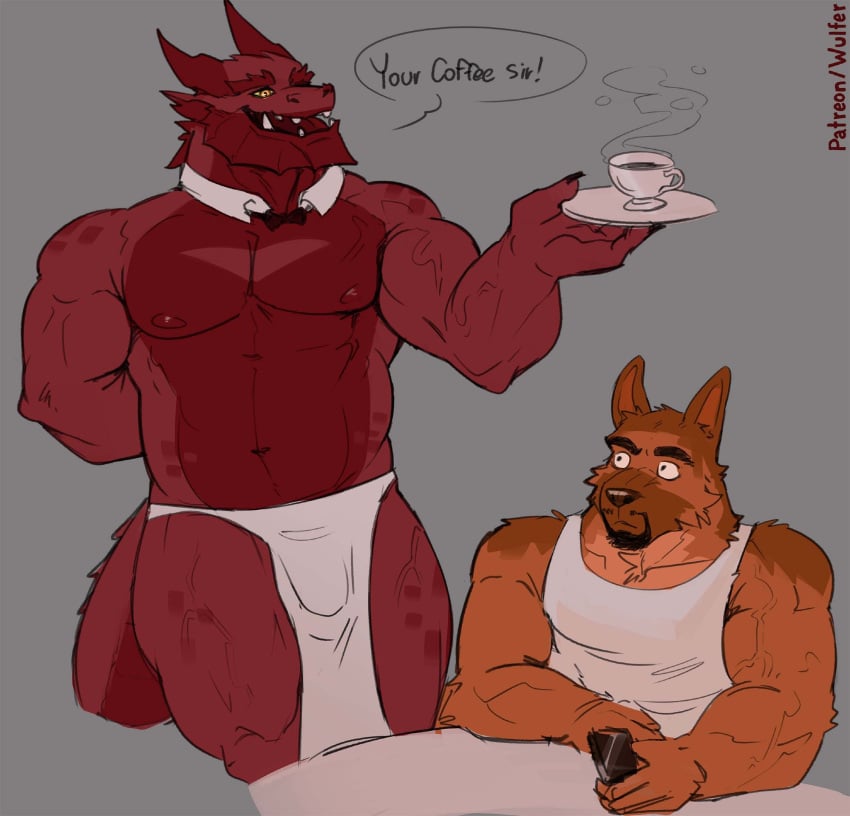 anthro biceps canid canine canis domestic_dog dragon duo fur german_shepherd herding_dog hi_res male male/male mammal mythological_creature mythological_scalie mythology nipples pastoral_dog red_body red_scales scales scalie shouty_(xshouty) vein veiny_muscles wulfer-shepherd wulfer_(character)