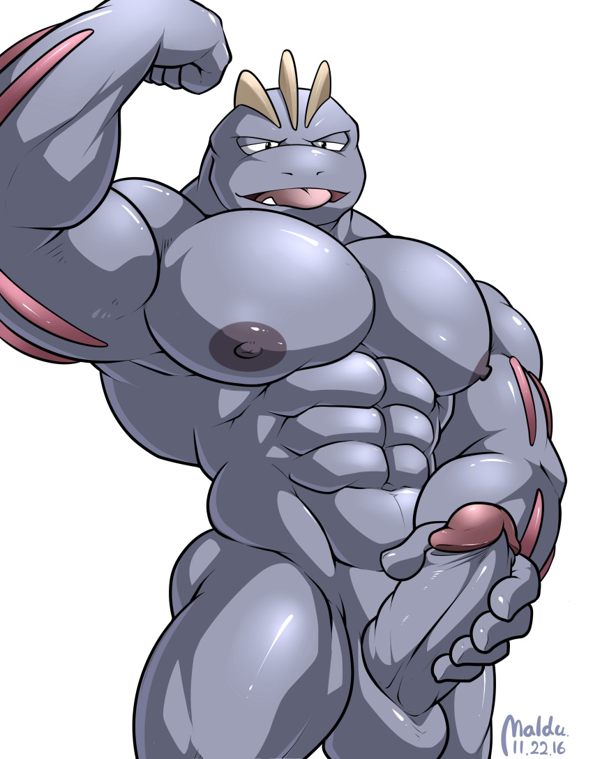 1boy 2016 abs balls bara belly big_balls big_penis big_testicles dated erection fang flexing grey_skin humanoid humanoid_penis large_penis looking_at_viewer machoke maldu male male_only masturbation muscular muscular_male navel nintendo nipples nude open_mouth penis pokémon_(species) pokemon pokemon_(species) pokemon_rgby purple_body simple_background solo standing teeth testicles text thick_penis thick_thighs tongue tongue_out tumblr video_games watermark white_background