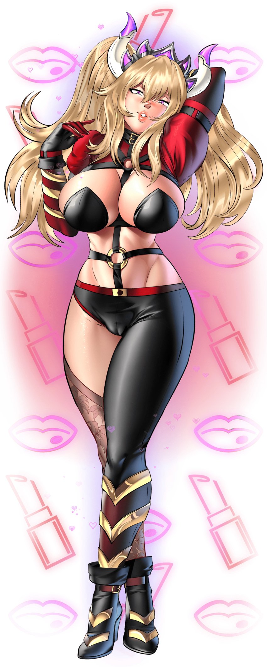 asymmetrical_clothes asymmetrical_legwear blonde_hair bowsette breasts cameltoe female full_body gloves harem_heroes hentai_heroes high_heels horns kinkoid large_breasts long_hair looking_at_viewer navel nutaku official_art orgy_yesette_(hentai_heroes) parody purple_eyes single_pantsleg solo super_mario_bros. twintails yesette_(hentai_heroes)