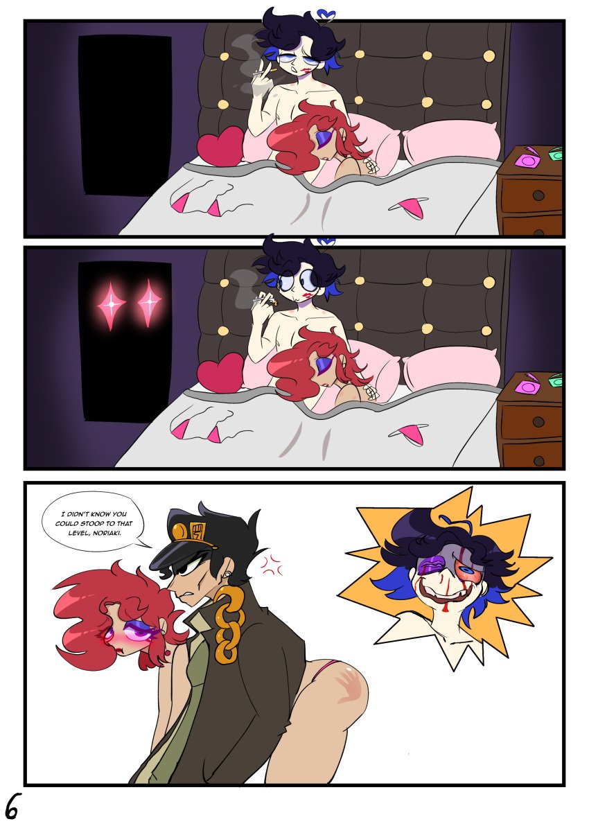 2boys berry_pie_(artist) bikini comic comic_page femboy feminine_male gay gay_sex hair jojo's_bizarre_adventure jotaro_kujo male noriaki_kakyoin red twink