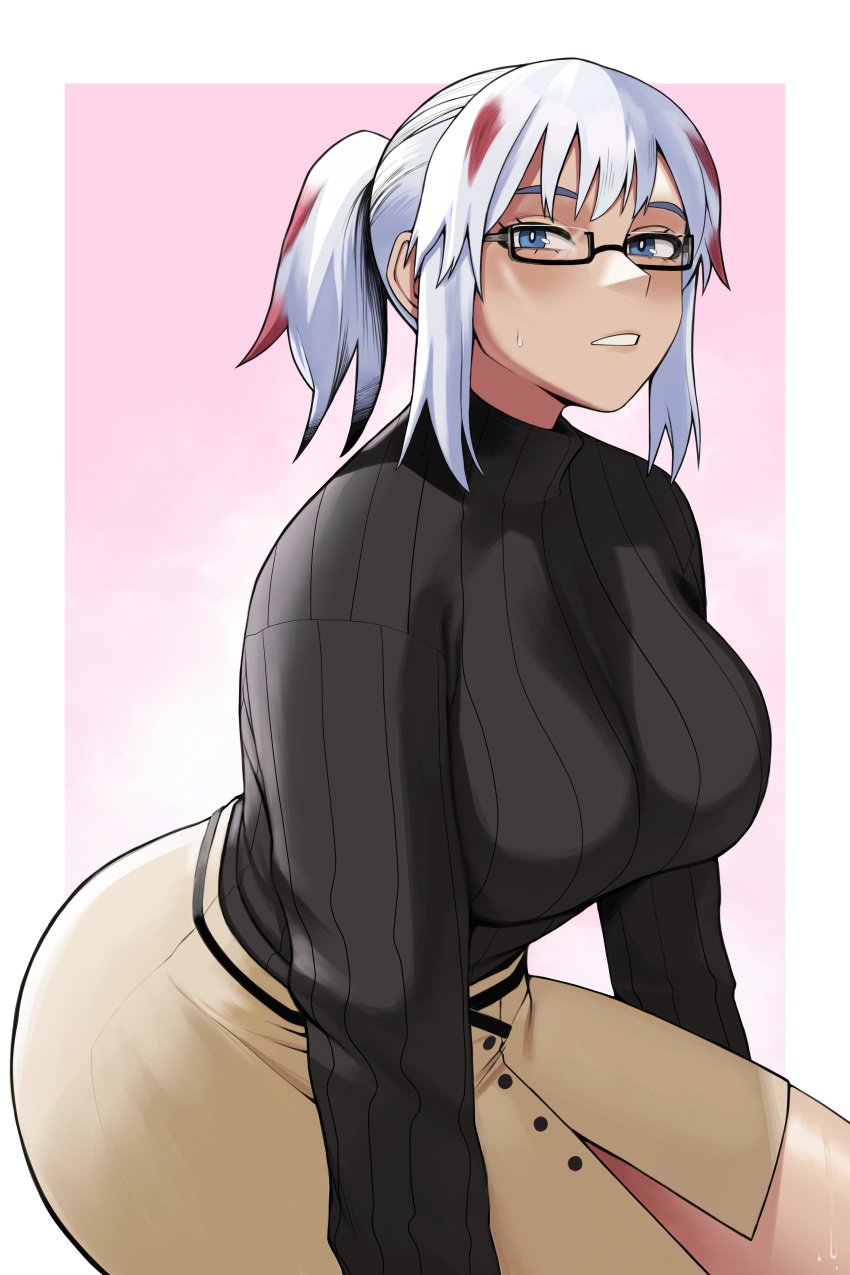 1girls 2d 2d_(artwork) bangs black_sweater blue_eyelashes blue_eyes blush blushing boku_no_hero_academia breasts clothed clothes clothing color covered_breasts digital_drawing_(artwork) digital_media_(artwork) female female_focus female_only fully_clothed fully_clothed_female fuyumi_todoroki glasses gradient_background gud0c hi_res highres light-skinned_female light_skin looking_at_viewer my_hero_academia pink_background ponytail resized shounen_jump side_view simple_background skirt solo solo_female solo_focus source_request sweater thick_thighs thighs todoroki_fuyumi two-tone_hair two_tone_hair wearing_glasses white_background white_hair wide_hips