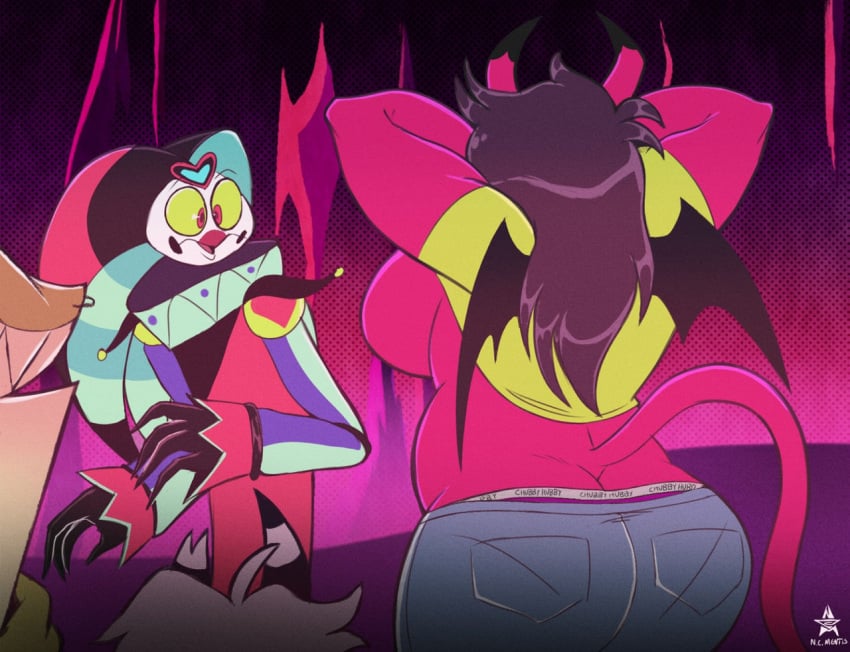 1boy 1girls artist_request ass ass_cleavage background_character big_breasts breasts butt_crack chubby chubby_female devil_girl female fizzarolli_(helluva_boss) flashing flashing_breasts helluva_boss horns imp male ncmentisart no_bra panties_visible_through_clothing pink_skin plump scene_interpretation surprised surprised_expression tagme tail