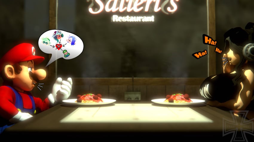 1boy 1girls 3d big_breasts black_hair black_shirt breasts cleavage clothing dinner_date dinner_table duo facial_hair female food gloves goth goth_girl hat heart huge_breasts human human_meggy idiotboxangel indoors large_breasts laughing light-skinned_female light-skinned_male light_skin luigi male marie_(splatoon) marina_(splatoon) mario mario_(series) meggy_spletzer nintendo open_mouth part_1 pasta red_hat red_shirt restaurant shirt shiver_(splatoon) sitting smg4 spaghetti speech_bubble splatoon splatoon_(series) straight talking talking_to_another white_gloves