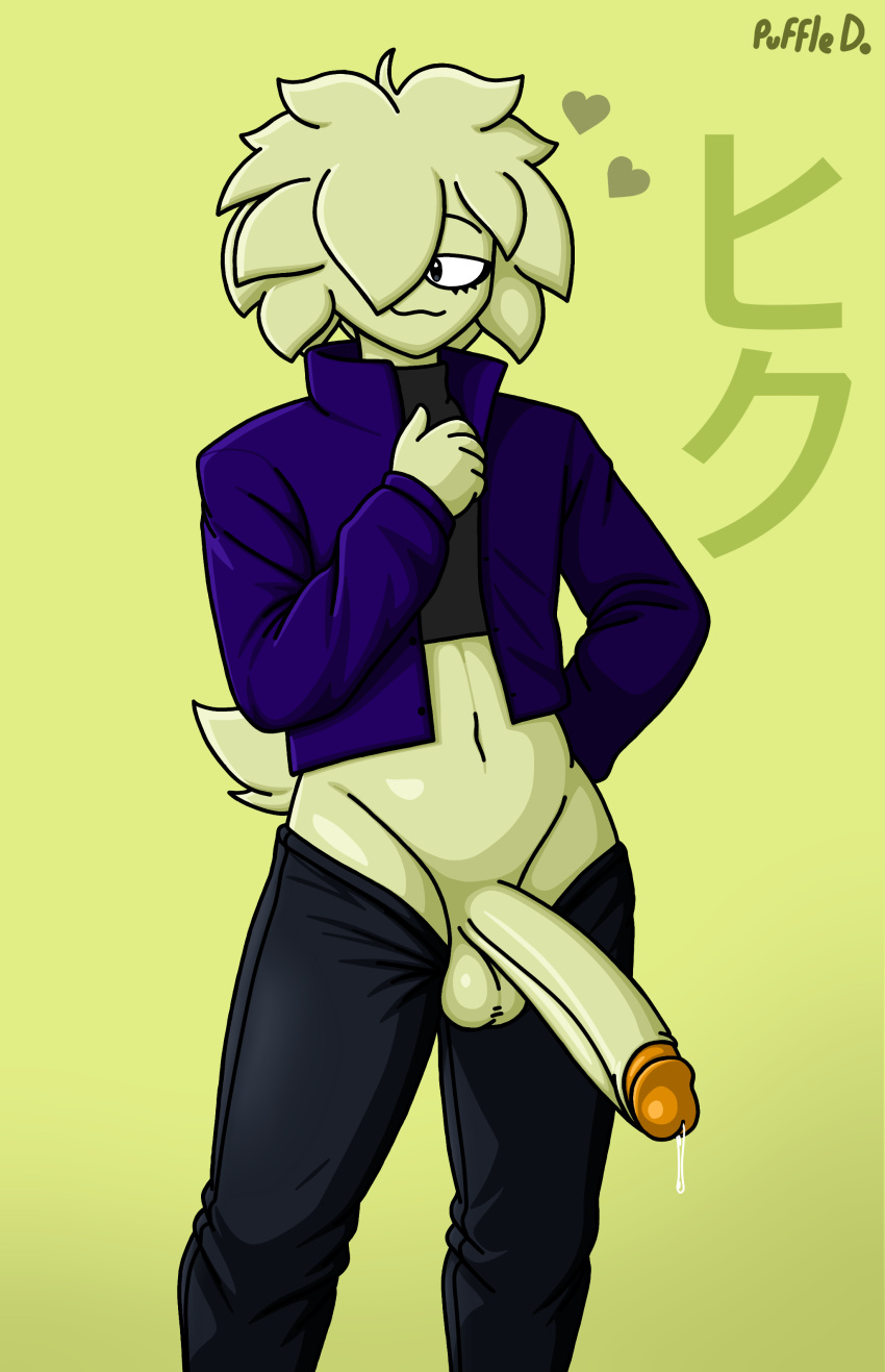 1male character_name gay gay_only jacket jacket_open lime_fur male male_only midriff pants penis precum precum_on_penis puffle puffledreemurr shirt turtleneck_shirt
