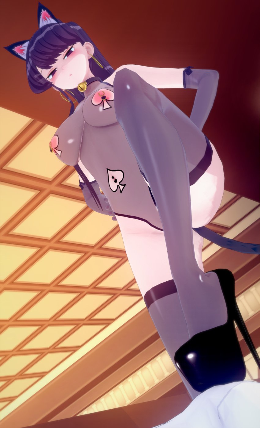 cat_ears female femdom futamami high_heels komi-san_wa_komyushou_desu komi_shouko nipple_piercing queen_of_spades queen_of_spades_symbol