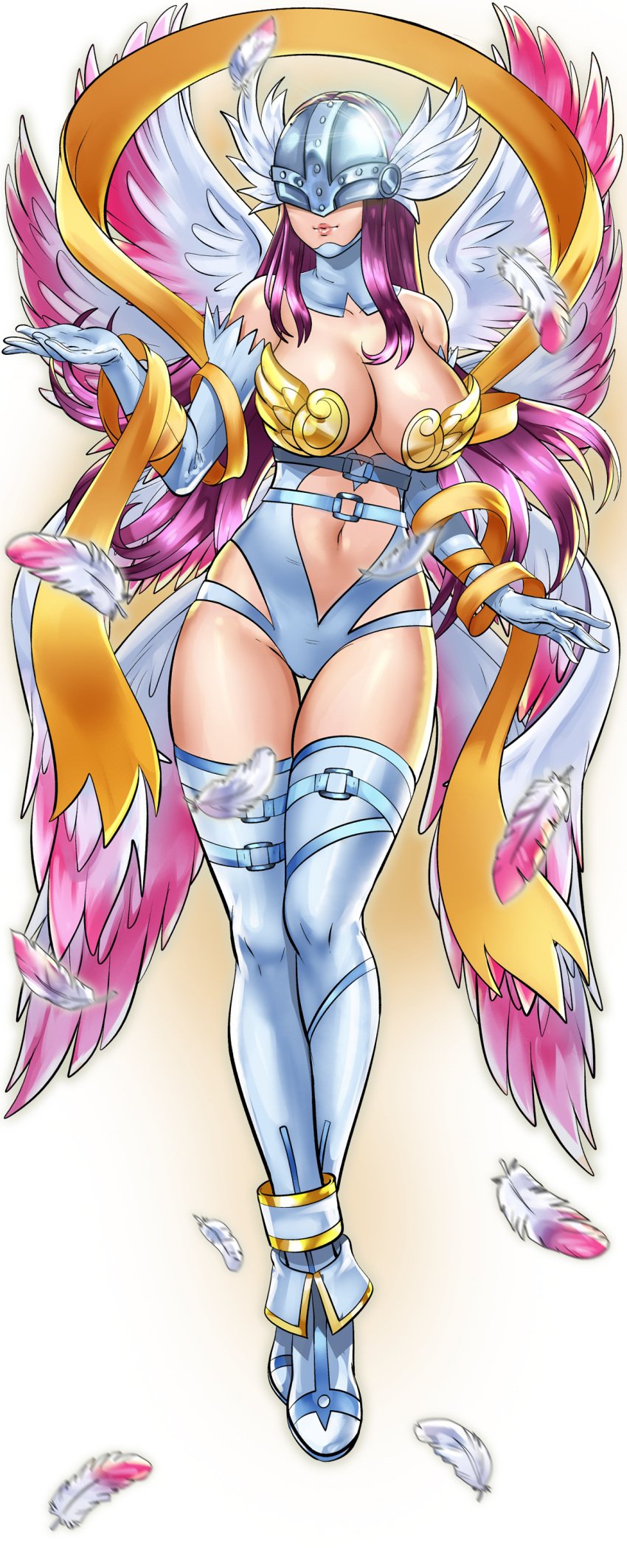 angel_wings angewomon bare_shoulders belt boots breasts cleavage covered_eyes digimon_(creature) digimon_adventure elbow_gloves feathered_wings feathers female full_body gloves harem_heroes head_wings helmet hentai_heroes kinkoid large_breasts long_hair multiple_wings navel nutaku o-ring official_art parody purple_hair shawl solo thigh_gap thigh_strap thighhighs vanilamon_(hentai_heroes) winged_helmet wings