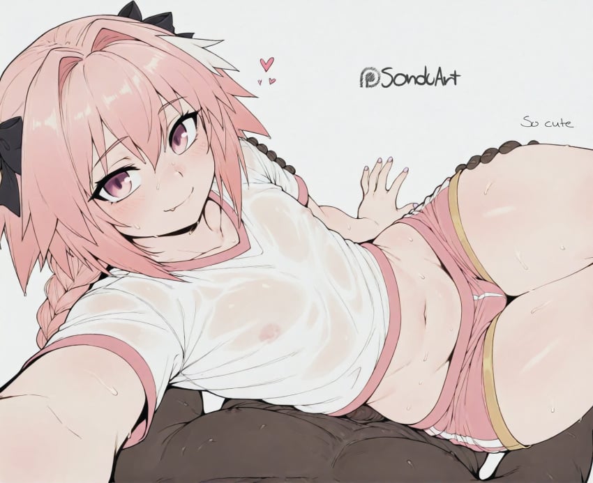 2boys ai_generated astolfo_(fate) astolfo_(saber)_(fate) bangs black_bow blush bow braid braided_ponytail bulge closed_mouth collarbone covered_nipples crop_top dark-skinned_male dark_skin fate/apocrypha fate/grand_order fate_(series) hair_between_eyes hair_intakes hair_ribbon hairbow heart interracial long_hair looking_at_viewer male male_focus midriff multicolored_hair multiple_boys navel nipples oerba_yun_fang official_alternate_costume otoko_no_ko pectorals pink_eyes pink_hair purple_eyes ribbon see-through selfie shirt short_shorts short_sleeves shorts simple_background single_braid skin_fang smile sondu streaked_hair sweat thighs twitter_username wet wet_clothes wet_shirt white_background white_hair white_shirt yaoi