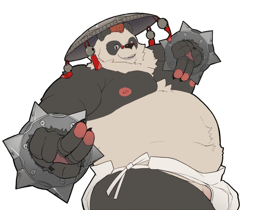 1boy animal_ears balls bara bell belly black_fur bracelet claws covered_balls english_commentary fangs fat fundoshi furry furry_male highres hugothecorgo japanese_clothes jewelry jingle_bell kung_fu looking_at_viewer male male_focus multicolored_fur navel nipples open_mouth pan_yinhu panda_boy panda_ears pawpads pectorals penis penis_peek plump round_eyewear smile spiked_bracelet spikes topless_male white_background white_fur wok zenless_zone_zero