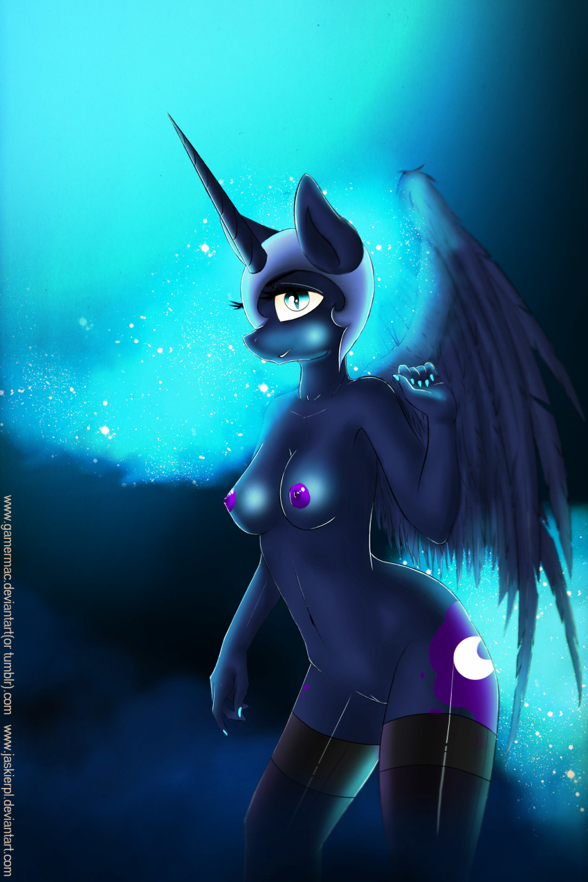 2014 alicorn anthro anthrofied areola black_feathers blue_fur breasts clothing cutie_mark dark_persona equine feathered_wings feathers female friendship_is_magic fur gamermac glowing hi_res horn legwear mammal my_little_pony navel nightmare_moon_(mlp) nipples princess_luna_(mlp) pussy solo stockings wings