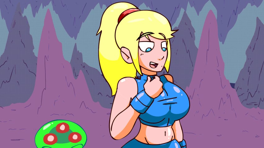 1girls animated animated_gif areolae beauty_mark bimbo blonde_hair blue_eyes bouncing_breasts breasts breasts_out bursting_breasts cleavage cum cum_on_self ejaculation female female_only gif green_cum highres huge_breasts human jiggle long_hair looking_down metroid metroid_(creature) midriff mole nintendo nipples no_bra open_smile ponytail samus_aran smile solo standing unusual_cum unzipped unzipping zer0gs