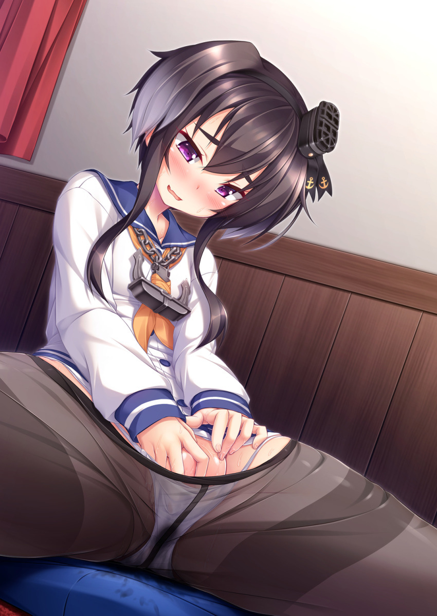 anchor black_hair black_legwear blush breasts cushion female fingering gradient_hair hairband hat headgear highres kantai_collection lowleg_pantyhose masturbation mini_hat mizunoe_kotaru multicolored_hair neckerchief panties panties_under_pantyhose pantyhose petite purple_eyes pussy_juice sailor_collar seamed_legwear shirt short_hair short_hair_with_long_locks side-seamed_legwear side-tie_panties sitting small_breasts solo spread_legs sweatdrop thighband_pantyhose tied_shirt tokitsukaze_(kantai_collection) two_side_up underwear white_panties