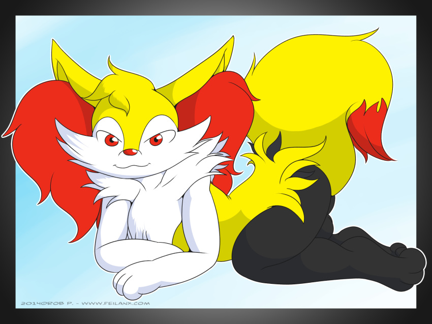 1boy 2014 3_toes 4:3 abstract_background all_fours anthro ass black_border black_fur blue_background braixen canine digital_media_(artwork) feet femboy fox fur furry inner_ear_fluff kurama_the_braixen looking_at_viewer lying male male_only mammal mrpandragon nintendo on_front orange_eyes orange_nose paws pokémon_(species) pokemon pokemon_(species) pokemon_xy red_fur simple_background smile solo tail testicles text toes tumblr url video_games watermark white_fur yellow_fur