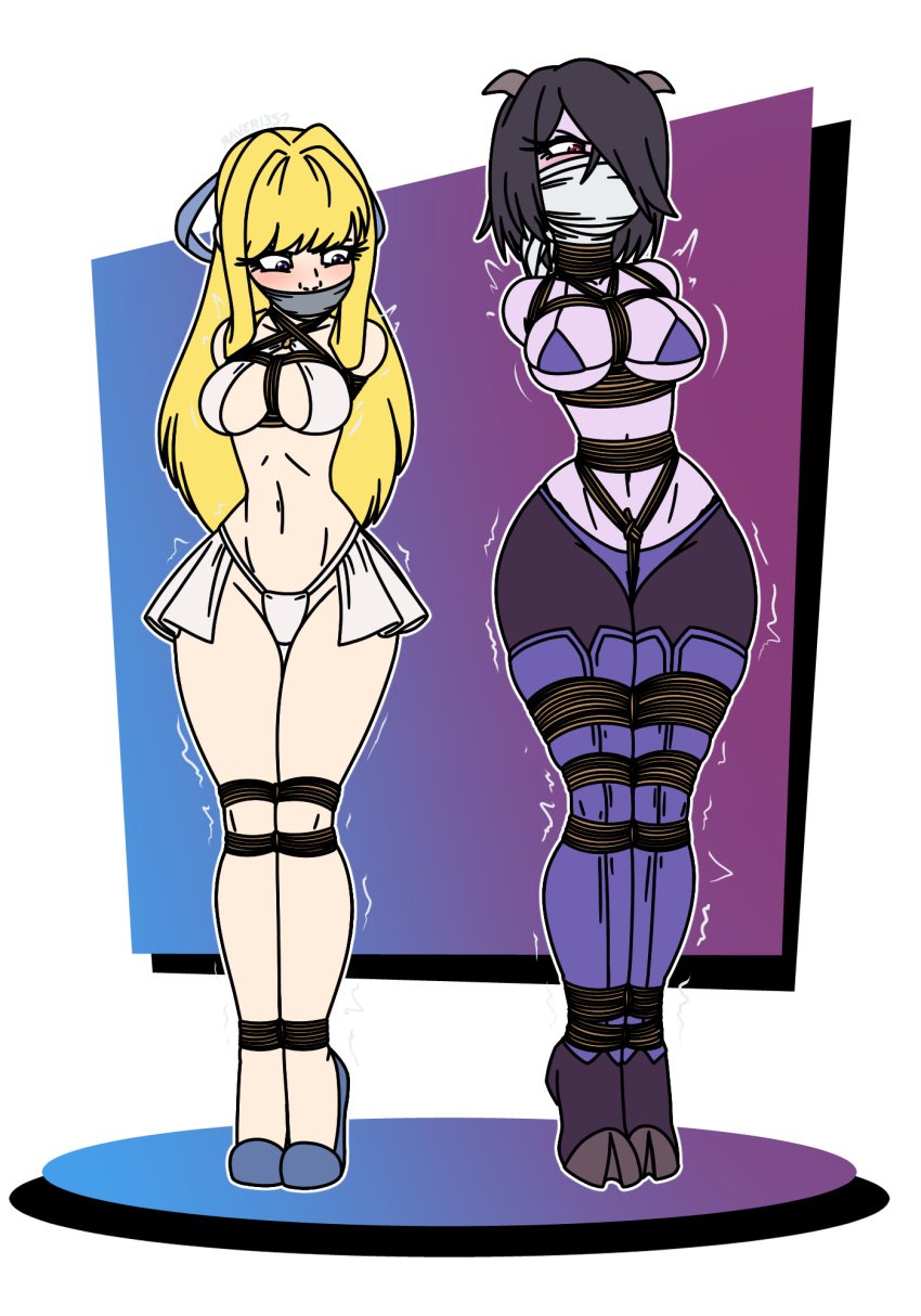2girls blonde_hair bondage bound cleavage crotch_rope female female_only femsub gag gagged high_heels png raver1357 revealing_clothes rope showgirl_skirt skimpy_clothes tape tape_gag