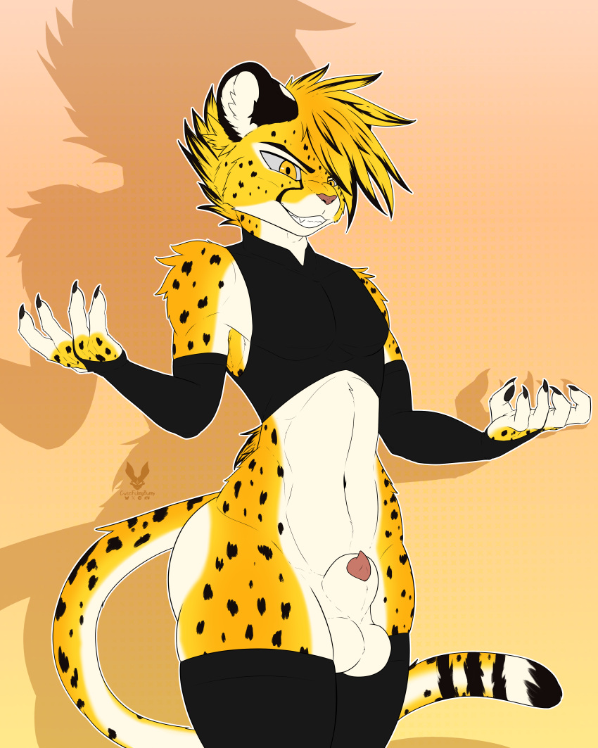 absurd_res animal_genitalia anthro arm_warmers armwear balls bottomless bottomless_anthro bottomless_male cheetah claws clothed clothing crop_top cutefckngbunny eagle_orion evil_grin felid feline fur genitals hair hi_res male mammal markings penis penis_tip shadow sheath shirt simple_background smile solo spots spotted_body spotted_fur tail thick_thighs three-quarter_view topwear wide_hips