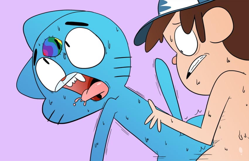 anthro ardidon black_eyes blue_fur brown_hair cartoon_network crossover dipper_pines disney disney_channel duo feline fur gay gravity_falls gumball_watterson hair human human_on_anthro interspecies male male_only mammal red_nose sex smooth_skin sweat the_amazing_world_of_gumball tongue tongue_out unknown_artist yaoi