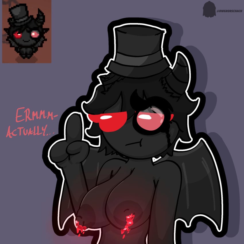 azazel_(the_binding_of_isaac) big_breasts black_body black_hair breasts demon_girl dialogue dripping_milk flat_background hat horns monocle one_color_background pixel_art pointing red_eyes reference_image rule_63 simple_shading tagme text the_binding_of_isaac twitter_username wings