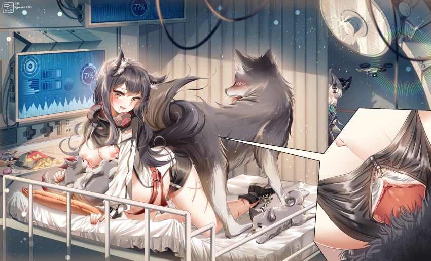absurdres arknights canid canine canis cub female feral highres human human_mother_baby_animal interspecies_pregnancy knotting lappland_(arknights) male non-web_source nude penis pregnant puppy sex texas_(arknights) tyranno_9807 wolf zoophilia