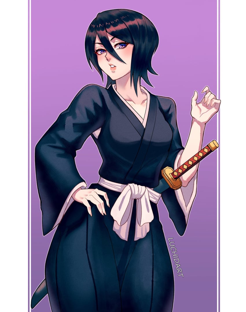 artist_name black_hair bleach breasts female hair_between_eyes hand_on_own_hip highres japanese_clothes katana kuchiki_rukia looking_at_viewer luchidart open_mouth purple_background purple_eyes sheath sheathed shihakusho shinigami short_hair small_breasts solo sword two-tone_background weapon white_background zanpakutou