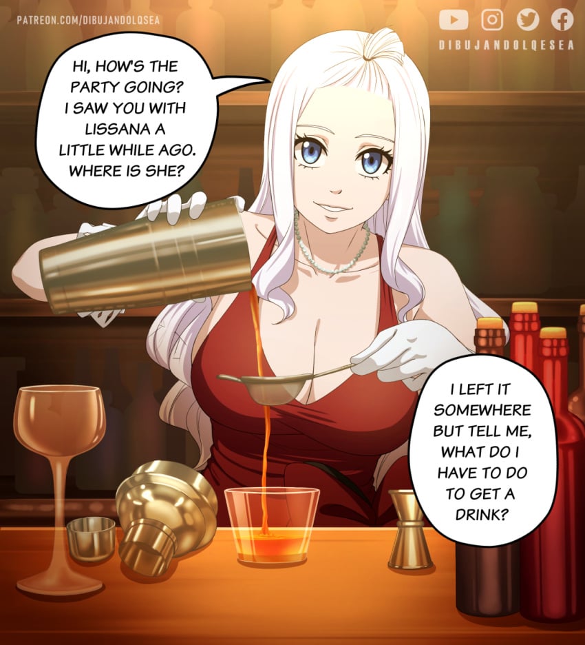 1girls alcohol alcohol_bottle alcoholic_drink bar bar_(place) bar_counter bar_maid bare_arms bare_shoulders barmaid bartender big_breasts blue_eyes busty cleavage clothed dialogue dress english_text eyelashes fairy_tail female female_focus female_only gloves hair_ribbon hi_res high_resolution highres jewelry large_breasts light-skinned_female light_skin long_hair looking_at_viewer mirajane_strauss necklace non-nude offscreen_character pale-skinned_female pale_skin ponytail pouring pov pov_eye_contact red_dress ribbon sfw short_ponytail smile smiling smiling_at_viewer solo solo_female solo_focus speech_bubble text tied_hair vash_over very_high_resolution very_long_hair voluptuous voluptuous_female white_gloves white_hair wine wine_bottle wine_glass