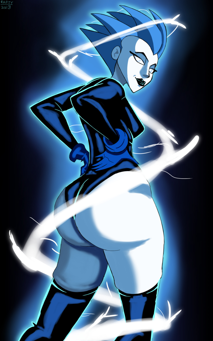 1girls ass big_ass blue_hair blue_skin dat_ass dc dc_comics dcau female female_only leotard livewire raftyverse solo superman:_the_animated_series superman_(series)