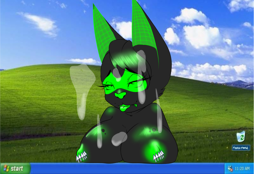 anthro anthro_only black_fur breasts canine cum cum_tribute cursor digital_media_(artwork) female fur glowing glowing_nipples green_eyes green_nipples green_tongue looking_pleasured mammal mask microsoft microsoft_windows moosh_mouse_(artist) neon nipples screen the_matrix tongue tongue_out tribute windows_xp wireframe wolf