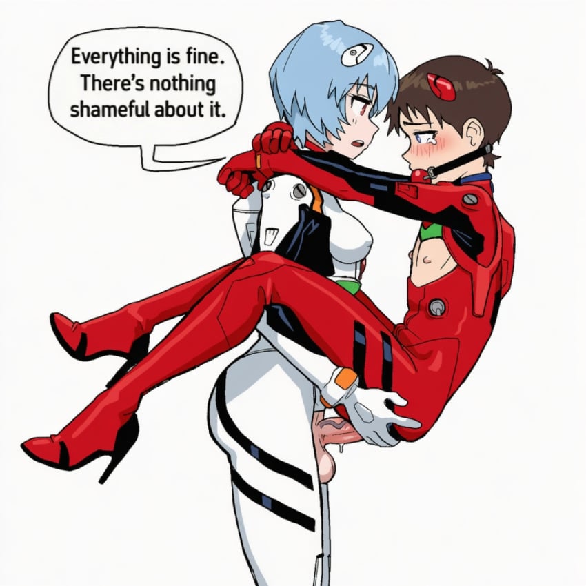 1boy 1futa anal anal_penetration arms_around_neck ball_gag bdsm blue_eyes blue_hair blush bodysuit breast_cutout breasts brown_hair carrying carrying_partner covered_nipples crossdressing crossdressing_male crotch_cutout embarrassed emotionless english_text expressionless face-to-face flat_chest from_side futa_on_male futa_with_male futanari gag gagged high_heels interface_headset interface_headset_(evangelion) looking_at_another looking_at_partner male_penetrated mecha_pilot_suit medium_breasts neon_genesis_evangelion nipples penis plugsuit plugsuit_(evangelion) red_bodysuit red_eyes rei_ayanami shinji_ikari short_hair simple_background speech_bubble standing stiletto_heels suspended_congress talking_to_partner tears testicles text uncensored veiny_penis white_background white_bodysuit