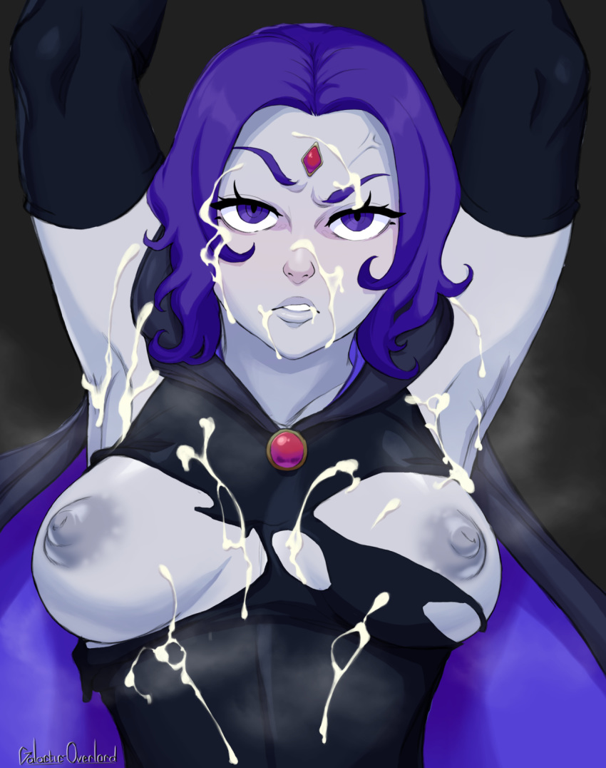 1girls angry arms_above_head breasts cum cum_on_breasts cum_on_eyebrow cum_on_face dc dc_comics dcau elbow_gloves female female_focus female_only forehead_jewel galactic_overlord gloves purple_eyes purple_hair rachel_roth raven_(dc) solo teen_titans torn_clothes