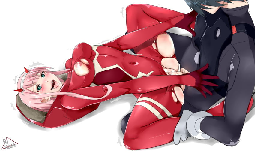 1boy black_bodysuit black_hair bodysuit breasts couple cum darling_in_the_franxx female gloves green_eyes hair_ornament hairband hand_on_another's_chest hiro_(darling_in_the_franxx) holding_another's_leg horns large_breasts long_hair nipple_slip nipples oni_horns penis pilot_suit pink_hair pussy red_bodysuit red_gloves red_horns rihan_fiella saliva seiza sex short_hair signature straight torn_bodysuit vaginal_penetration white_gloves white_hairband zero_two_(darling_in_the_franxx)