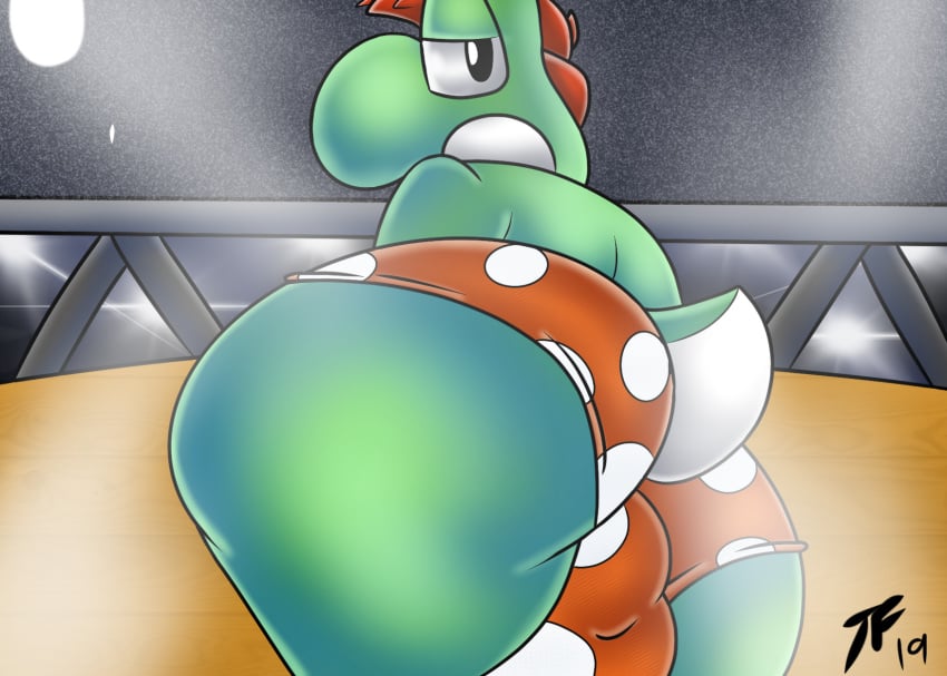 1boy aged_up arena ass ass_focus bulge clothing dinosaur gay hi_res male male_only mario_(series) nintendo paper_mario presenting presenting_hindquarters public reptile scalie solo tepigfan101 the_great_gonzales_jr underwear video_games yoshi