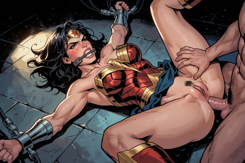 1boy 1girls ai_generated anal anal_penetration anal_rape black_hair dc dc_comics defeated defeated_heroine long_hair rape restrained restrained_arms spread_legs superhero superheroine tagme themysciran wonder_woman wonder_woman_(series)