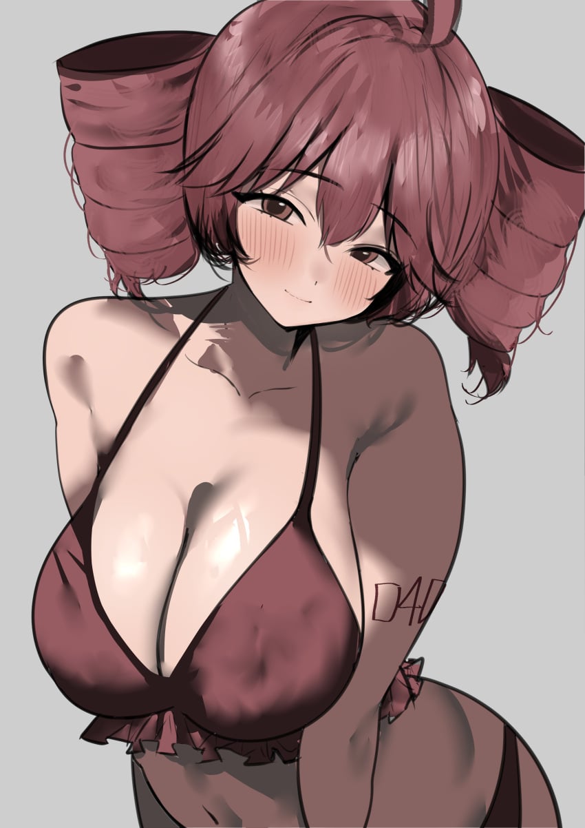 1girl absurdres ahoge bikini blush breasts cleavage drill_hair frilled_bikini frills grey_background highres kasane_teto large_breasts long_hair looking_at_viewer navel number_tattoo red_bikini red_eyes red_hair simple_background smile solo swimsuit tattoo twin_drills twintails utau v_arms