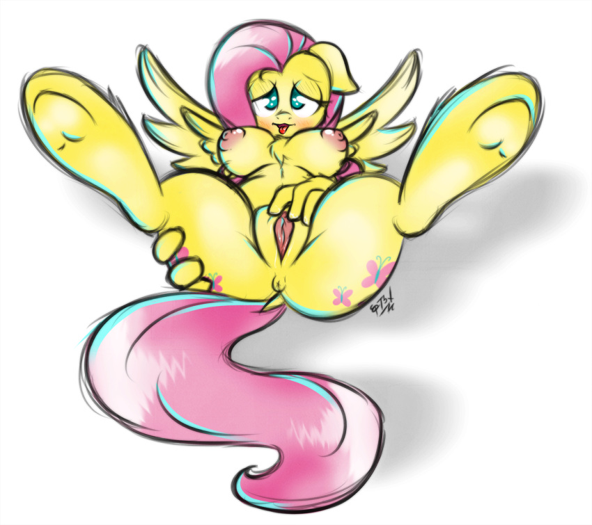 2014 anthro anthrofied anus breasts chest_tuft digital_media_(artwork) ep777 equine feathered_wings feathers female fluttershy_(mlp) friendship_is_magic fur hair hooves legs_up mammal my_little_pony nipples pegasus pink_hair presenting pussy solo spread_legs spreading straight_hair tongue tuft wings yellow_feathers yellow_fur