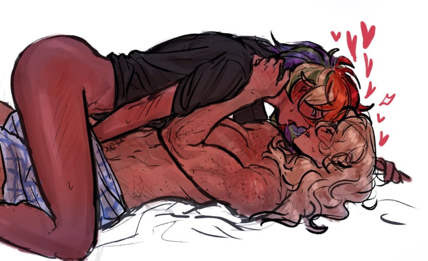 2girls abs after_kiss applejack_(mlp) arched_back big_ass big_breasts blonde_hair blush blushing bottomless bottomless_female boxers boxers_only butch color colored eye_contact female female/female female_only fingering fingering_partner fingering_pussy floating_heart floating_hearts freckles freckles_all_over friendship_is_magic green_eyes hand_behind_neck hand_in_underwear happy_trail hearts_around_head implied_fingering intimate jennzcc_2 laying_on_back laying_on_bed lesbian lesbian_sex light-skinned_female light_skin long_hair looking_at_partner multicolored_hair muscular muscular_arms muscular_female muscular_shoulders my_little_pony on_back on_bed partially_clothed partially_clothed_female pinned pinned_down pinned_to_bed pubic_hair pubic_hair_peek purple_eyes rainbow_dash_(mlp) rainbow_hair romantic saliva_string shirt_only simple_background solid_color_background t-shirt tan-skinned_female tan_skin thick_thighs topless topless_female white_background yuri