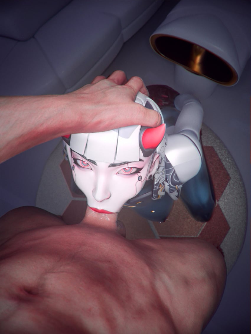 1boy 1girls 3d blowjob breasts breasts_out checkpik cock_hungry deepthroat fellatio female irrumatio kneeling light-skinned_male looking_at_viewer male nipples oral oral_penetration oral_sex overwatch shion_(overwatch) tits tits_out unusual_pupils