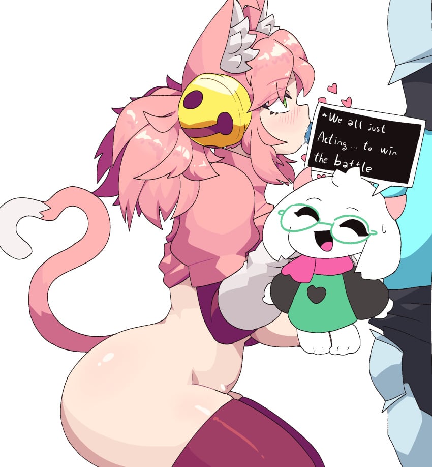 armor blowjob breasts cat_ears cat_girl cat_tail catgirl deltarune dialogue dialogue_box female green_eyes kris_(deltarune) mad_mew_mew mostly_nude mostly_nude_female pink_(deltarune) pink_hair ralsei sub-neamo thick_thighs thighhighs undertale_(series)