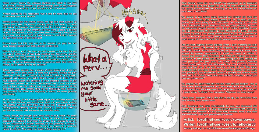 anthrofied caption female kammy_(fenviingspaan) kitokitokito long_hair looking_at_viewer lycanroc midnight_lycanroc onomatopoeia peeing peeing_into_toilet peeing_on_object pokemon property_damage raveneevee talking_to_viewer toilet toilet_bowl toilet_pov toilet_use toilet_water watersports