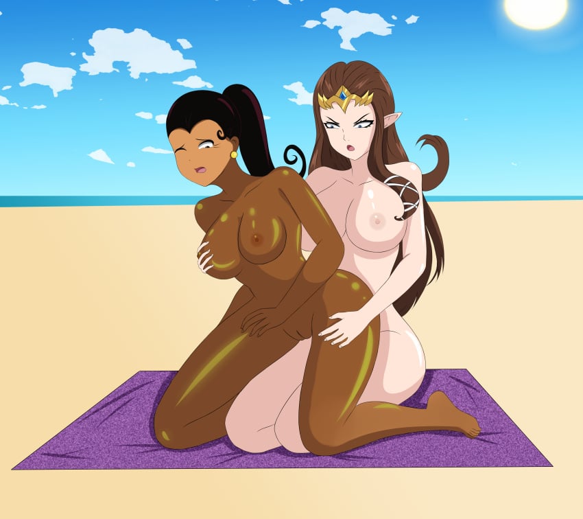 2girls anoneysnufftan applying_sunscreen beach beach_towel breasts brown_hair carlota_casagrande crossover dark-skinned_female dark_skin earring eastern_and_western_character edasbild elf_ears embarrassed embarrassed_nude_female female female_only humiliation imminent_death jewelry killer_lotion latina long_hair lotion massage murder nickelodeon nintendo nipples nude nude_beach oil oiled one_eye_closed peril princess_zelda punishment pussy rubbing sand shiny_skin snuff summer sunbathing sunscreen the_casagrandes the_legend_of_zelda tiara towel twilight_princess wince zelda_(twilight_princess)