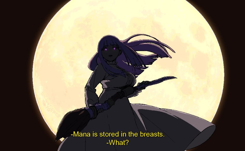 blunt_bangs breasts broom derivative_work dress english_text female fern_(sousou_no_frieren) full_moon highres holding long_hair long_sleeves looking_at_viewer moon night night_sky purple_eyes purple_hair screenshot_redraw sky solo sousou_no_frieren subtitled sunflowerpot talking white_dress