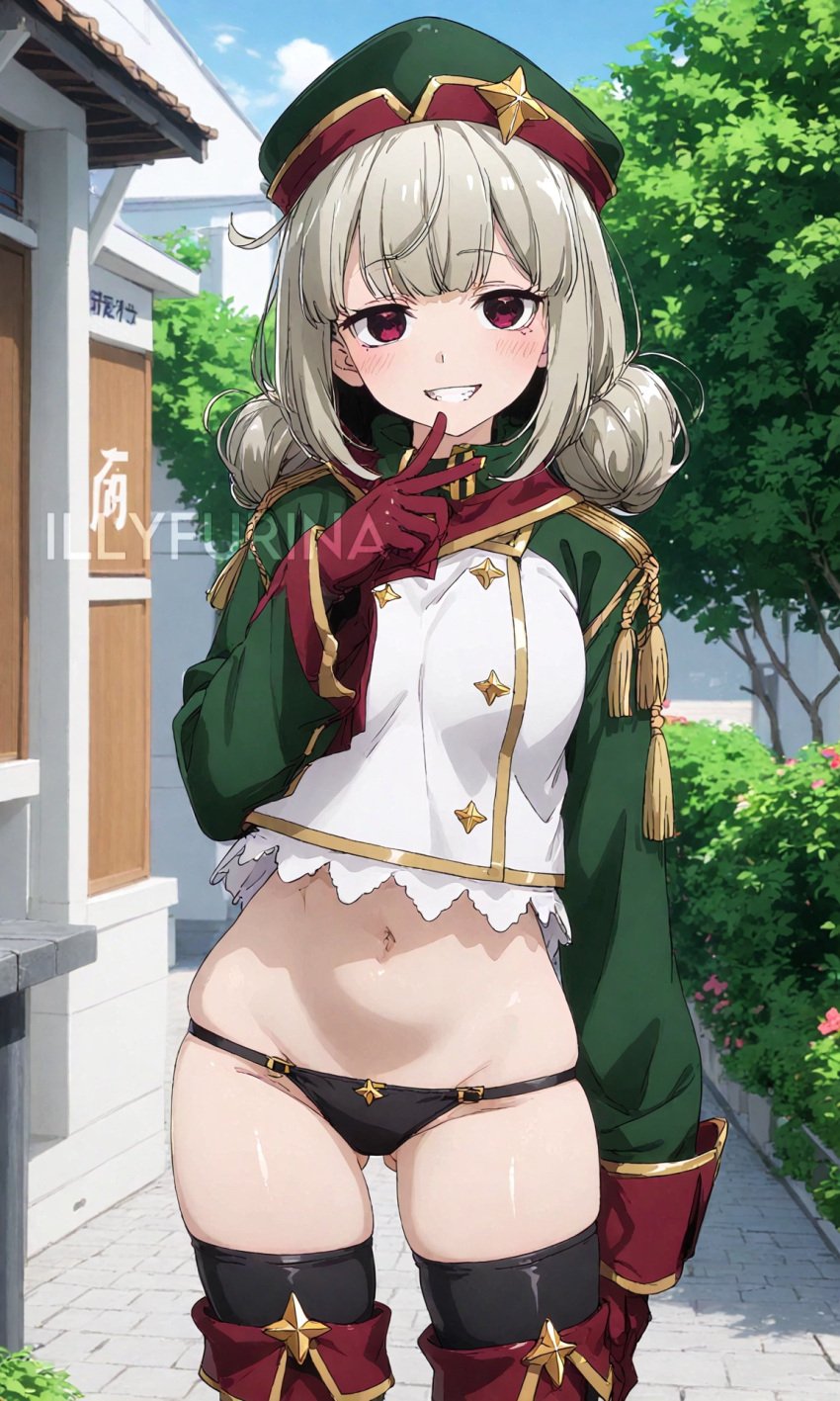 abdomen ai_generated araga_kiwi black_lingerie boots breasts clothed clothed_female clothing female female_focus female_only fingers_in_mouth grey_hair illyfurina leopard_(mahou_shoujo_ni_akogarete) looking_at_viewer mahou_shoujo_ni_akogarete medium_breasts military_uniform navel pale-skinned_female pale_skin seducing seduction seductive short_girl smile smiling smiling_at_viewer socks stable_diffusion tanga teeth watermark woman_focus woman_only