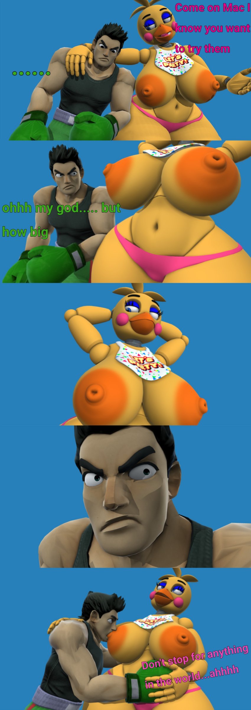 1boy 1girls 3d 3d_(artwork) angry angry_face animatronic big_breasts bird boxers boxing_gloves breasts comic crossover eastern_and_western_character female five_nights_at_freddy's five_nights_at_freddy's_2 furry furry_female horn little_mac male muscular_male nintendo nude nude_female punch_out pussy seductive seductive_eyes surprised surprised_expression toy_chica_(fnaf)