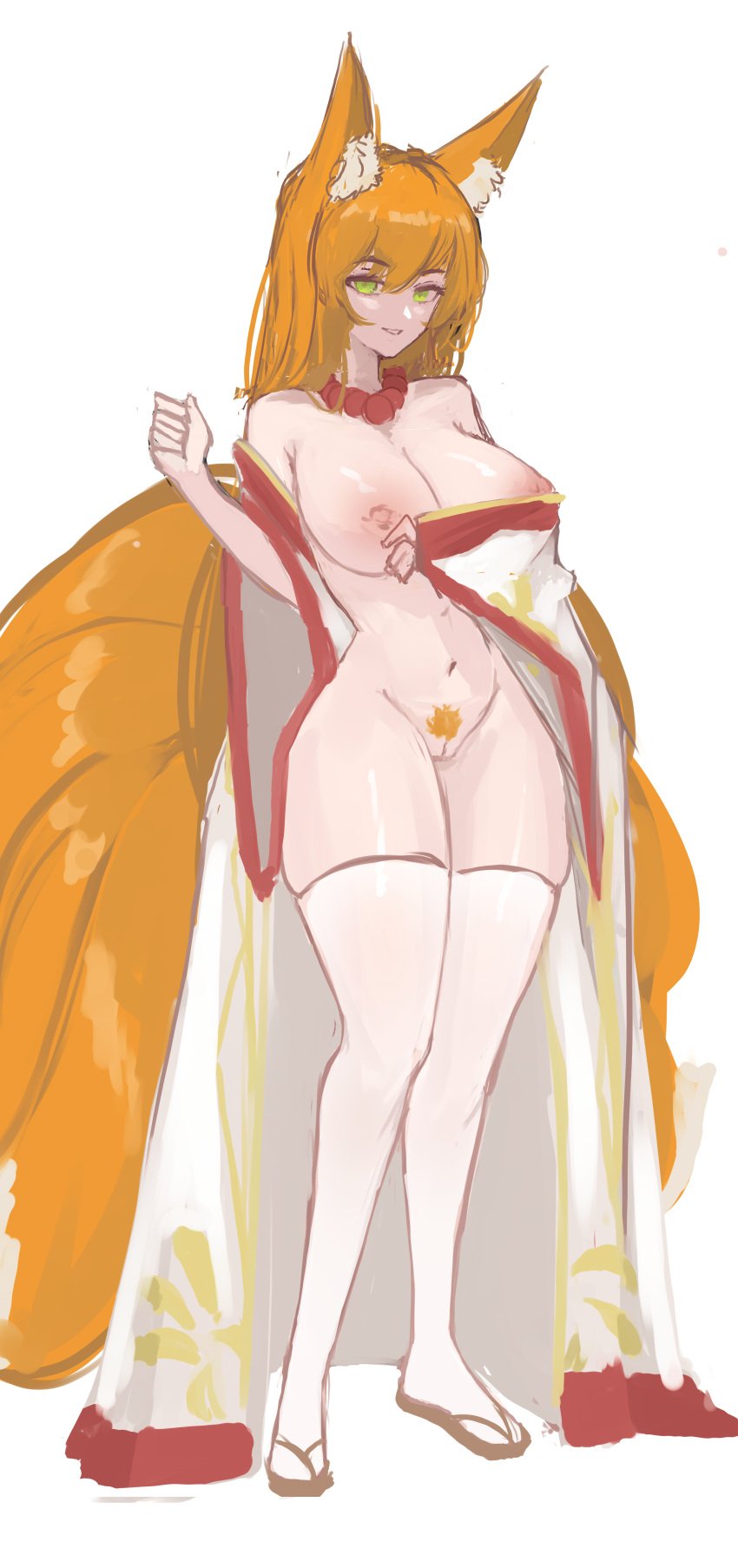 absurdres animal_ears breasts corruption_of_champions_2 fox_ears fox_girl fox_tail highres japanese_clothes kitsune kiyoko_(coc) large_breasts ootomo_kiyoko suiin_(suiinsea) tail white_background