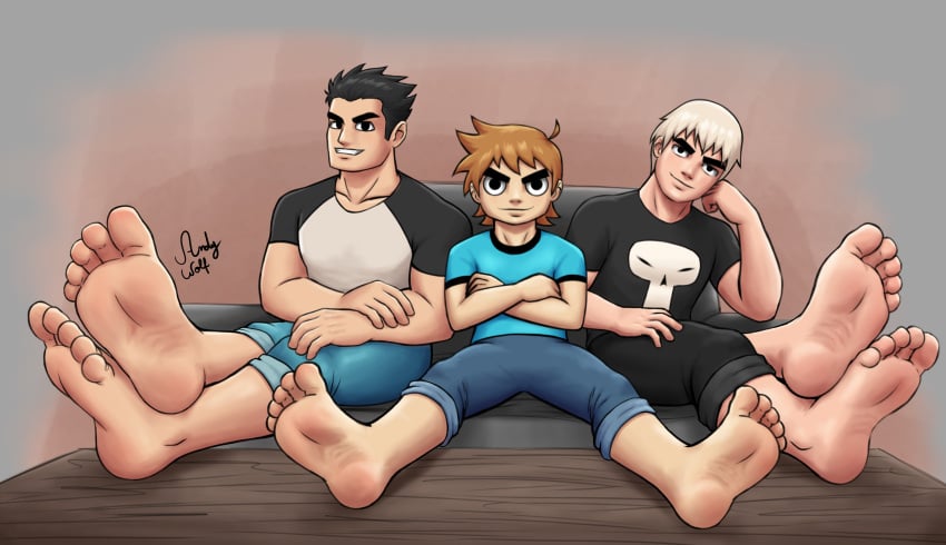 3boys andywolfking barefoot big_feet foot_fetish foot_focus gay looking_at_viewer lucas_lee male_feet male_only no_visible_genitalia scott_pilgrim_takes_off scott_w_pilgrim todd_ingram