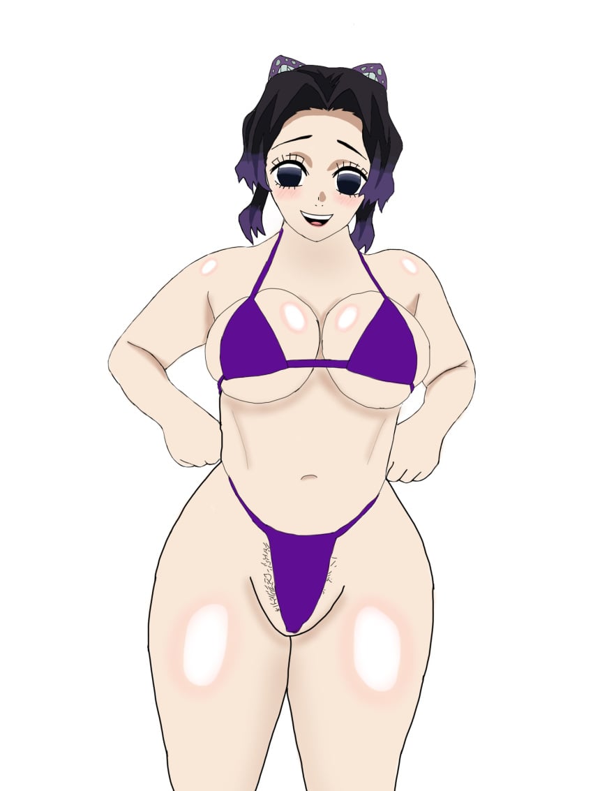 1girls artist_request demon_slayer female female_only kimetsu_no_yaiba kochou_shinobu purple_bikini purple_bikini_bottom purple_bikini_top purple_eyes purple_hair pussy solo